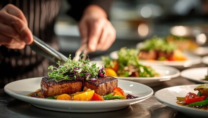 Chef plating a gourmet dish with grilled fish, vibrant vegetables, and fresh herbs, showcasing culinary artistry in a modern kitchen environment with elegant presentation