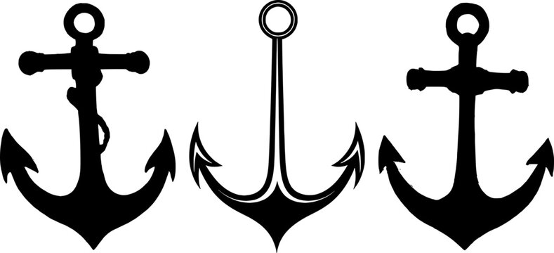 Conjunto de siluetas negras de anclas marinas, ilustraci&oacute;n vectorial aislada sobre fondo blanco. Iconos de ancla n&aacute;utica para dise&ntilde;o de tatuajes, logos de marina o decoraci&oacute;n de verano.