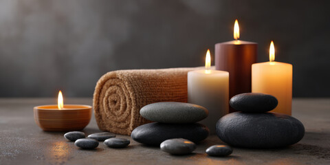Rolled towel smooth massage stone candlelight spa relaxation atmosphere warm aromatherapy scene with stacked stones and glowing candles creating calm and soothing mood