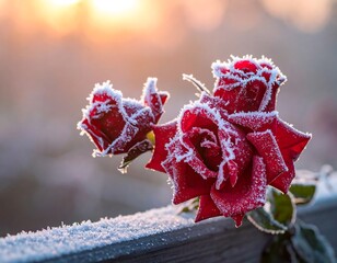 Two frosted red roses against a blurred sunlit background