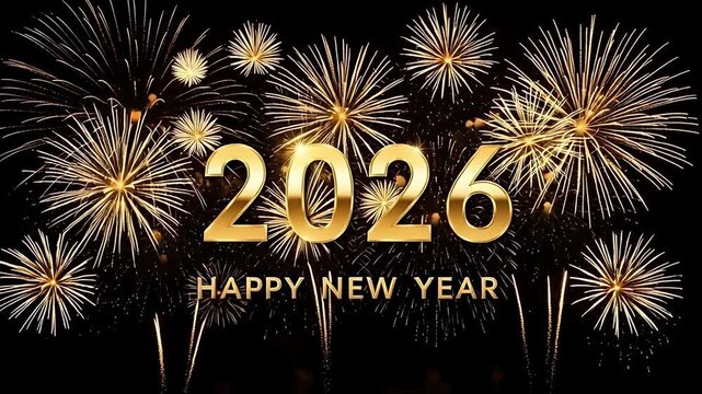 2026 Happy New Year gold text with fireworks celebration background
