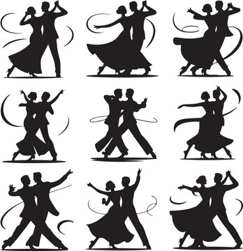 Elegant couple dancing in various ballroom dance poses isolated illustration