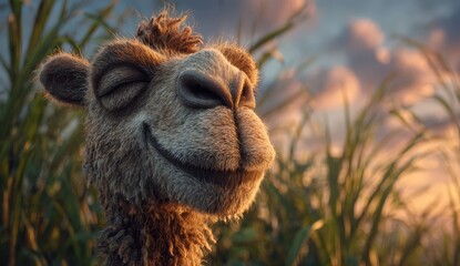 Fototapeta premium Happy cartoon camel with closed eyes, smiling in a lush green field at sunset, surrounded by tall grass and a colorful sky, conveying a sense of joy and tranquility