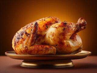 Golden roasted whole chicken plated on pedestal, crispy skin seasoned with herbs and pepper, warm studio lighting enhances savory texture and appetizing roast aroma