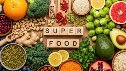 Super food healthy nutrition ingredients with text on wooden background top view.