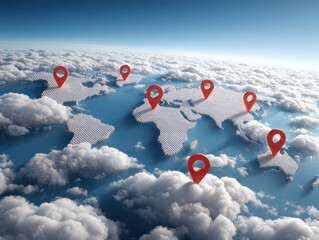 Cloud map location marker cloudscape global network travel concept with red map pin markers over fluffy white cloud continents evoking connectivity and navigation