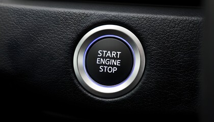 Closeup of a modern cars illuminated engine startstop button on a dark dashboard.