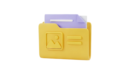 3D Folder Icon with Image and Document Symbols transparent background