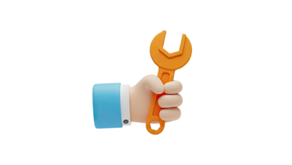3D Hand holding an orange wrench on transparent background