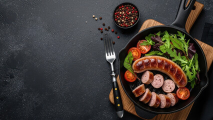 Grilled sausage with fresh vegetables and greens on cast iron skillet pan with copyspace.