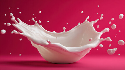 Creamy yogurt splash in minimalist bowl over pink background, natural texture and motion captured for fresh dairy advertising and healthy food concept