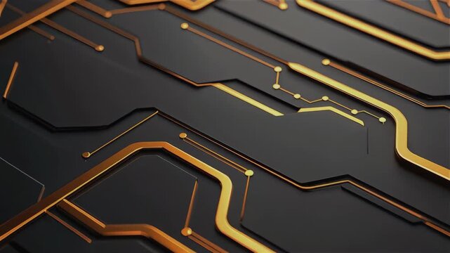 Golden circuit board pattern black surface with glowing copper and gold lines, futuristic electronic technology design featuring sleek abstract