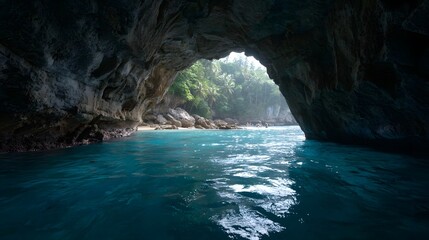 View from a dark ocean cave looking out towards a sunlit tropical beach and clear turquoise waters