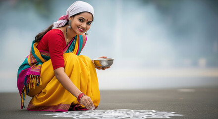 Beautiful Indian Woman Drawing Traditional Rangoli Art