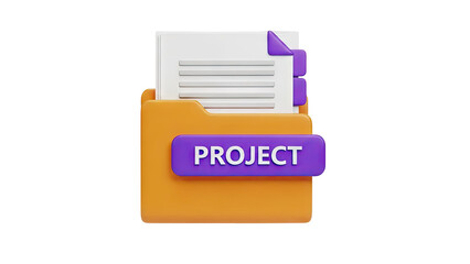 3D Project folder icon with document and purple label on transparent background