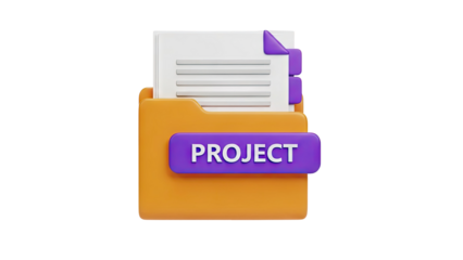 3D Project folder icon with document and purple label on transparent background
