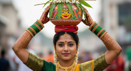 Indian woman celebrating traditional festival carrying a decorative Kalash