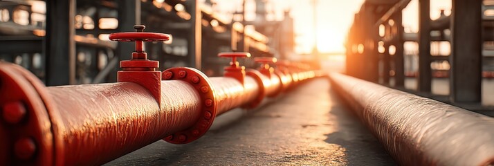 Industrial scene featuring large red pipes with valves, illuminated by warm sunset light, showcasing the infrastructure of a manufacturing facility with a focus on engineering design