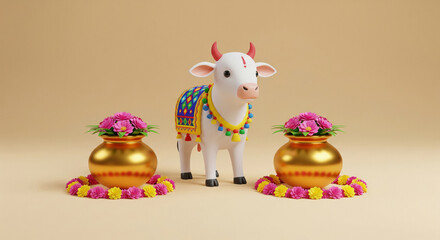 Traditional Indian festival scene with adorable cow and floral decor