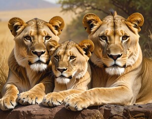 Three lions, golden fur, resting on a rock, grassland background