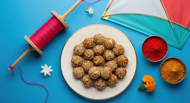Vibrant Makar Sankranti Setup: Tilgul, Kite, and Auspicious Colors