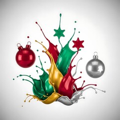 Christmas Ornaments with Artistic Paint Splashes and Gold Stars on Soft Gradient Background