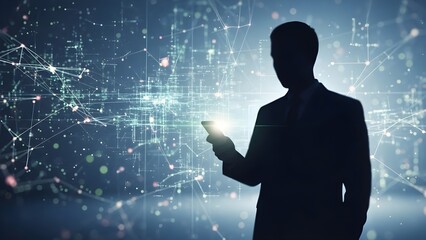 Silhouette of a businessman interacting with a futuristic digital network representing global connectivity and technological innovation.