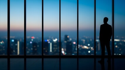 Plakat Silhouette of a businessman looking out of a modern office window at a city skyline at dusk.