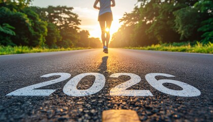 The number 2026 on the asphalt with a young woman walking forward, a symbol of a new beginning and a new life