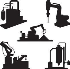 Collection of industrial machinery and robotic equipment silhouettes