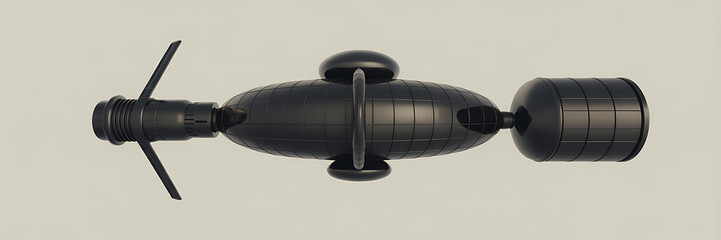 Futuristic dark gray metallic spacecraft with intricate details and a cylindrical cargo module attached to a central oval body and a finned propulsion system