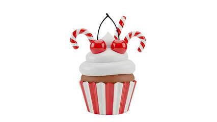 3D Christmas cupcake with candy canes and cherries on transparent background