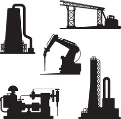Industrial machinery and factory equipment silhouettes isolated set