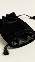 Black velvet jewelry pouch on a light cream background
