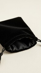 Black velvet jewelry pouch on a light cream background