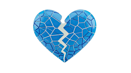 3D Cracked blue heart with geometric pieces on transparent background