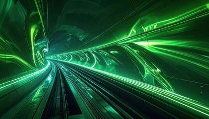 Abstract Green Neon Tunnel with Light Streaks.