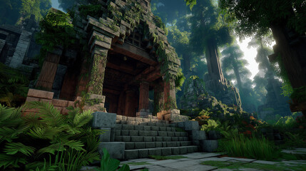 Ancient Stone Building Entrance in Deep Jungle, Moss Vines Covering Tall Pillars Porch, Mysterious Quiet Exploration