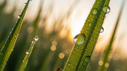 Close up of fresh green grass with water drops in the morning sun.