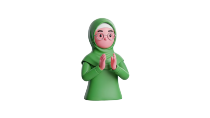 3D Cartoon Muslim Woman Wearing Hijab and Glasses on transparent background