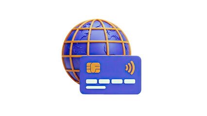 3D Global Credit Card and Planet Icon on transparent background