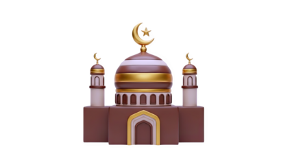 3D Islamic Mosque 3D Illustration with Crescent Moon and Star on transparent background