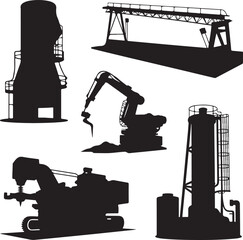 Industrial machinery and equipment silhouettes isolated on transparent background