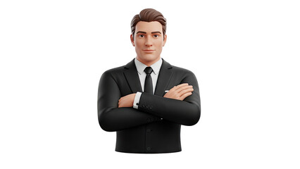 3D Man in Suit with Arms Crossed on transparent background