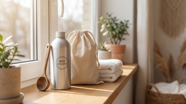 Sustainable Lifestyle Products A Reusable Metal Water Bottle A Canvas Drawstring Bag And Stacked White Towels Sit On A Wooden Ledge Bathed In Warm Sunlight