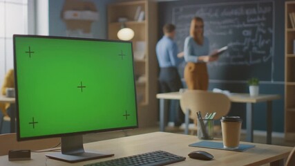 Professional Office Workspace Featuring a Desktop Computer with Green Screen Display, Perfect for Digital Content Mockups, Business Presentations, or Collaborative Creative Projects - Powered by Adobe