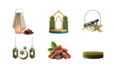 Ramadan Islamic 3D Elements Lantern Dates Arch Isolated On Transparent Background