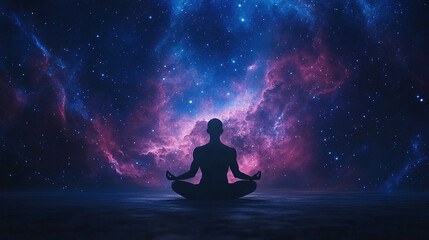 Seated figure meditating in cosmic space at twilight Generative AI