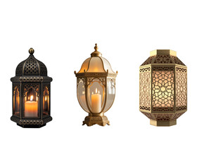 Ramadan Islamic Lantern Candle Lights 3D Set Isolated On Transparent Background