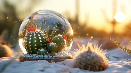 Cactus garden in a glass globe on snowy ground at sunset